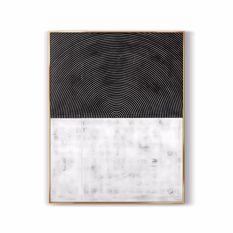 a large vertical minimalist painting split in two, the upper half black with fine concentric arcs carved from a low center point, the lower half mottled white with faint circular imprints, in raised relief plaster