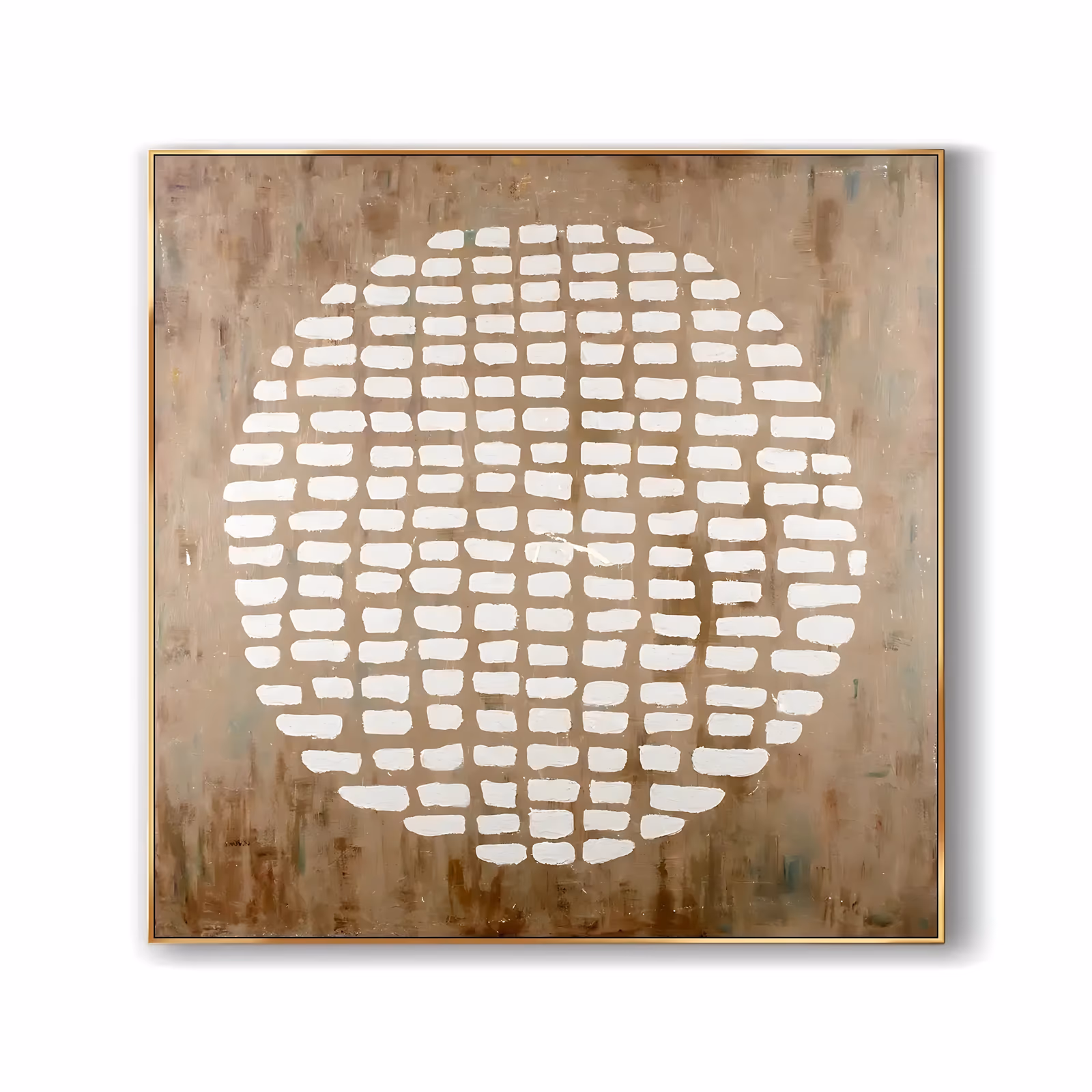 a large square wabi-sabi painting of a circle built from rows of short white brick-like dashes at the center, sitting on a scumbled tan and brown ground with hints of green, in thick raised impasto