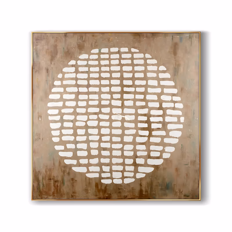 a large square wabi-sabi painting of a circle built from rows of short white brick-like dashes at the center, sitting on a scumbled tan and brown ground with hints of green, in thick raised impasto