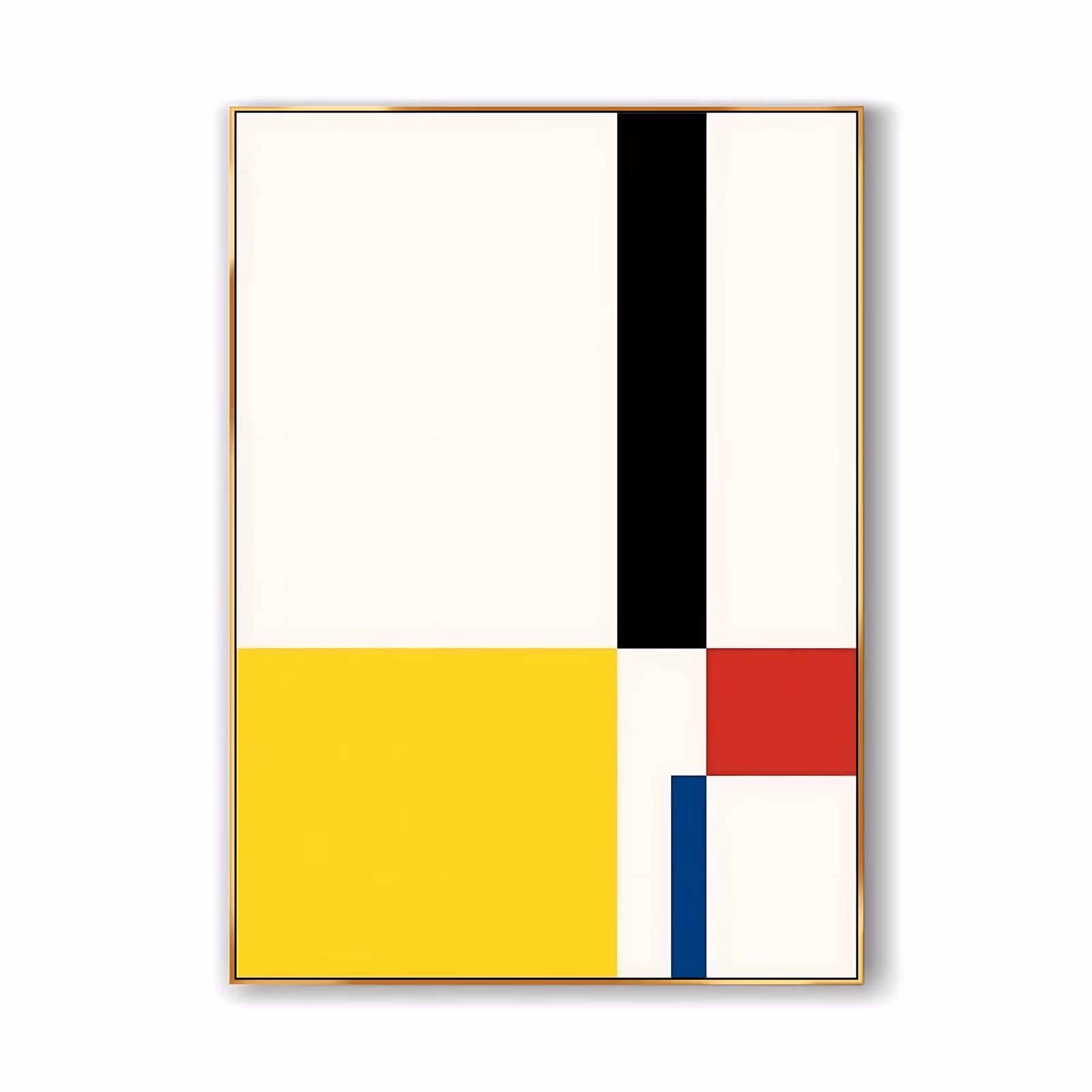 a large vertical geometric painting of flat primary color blocks on an off-white ground, a black bar at the upper right, a yellow rectangle at the lower left, a small red square and a thin blue line, in flat acrylic