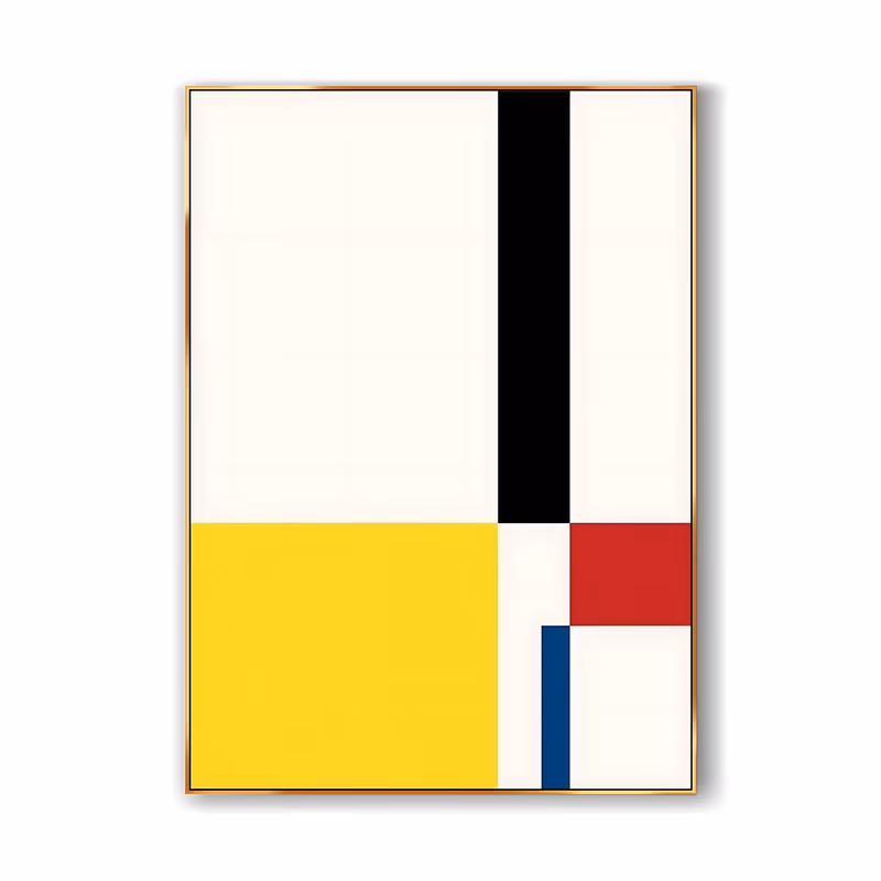 a large vertical geometric painting of flat primary color blocks on an off-white ground, a black bar at the upper right, a yellow rectangle at the lower left, a small red square and a thin blue line, in flat acrylic