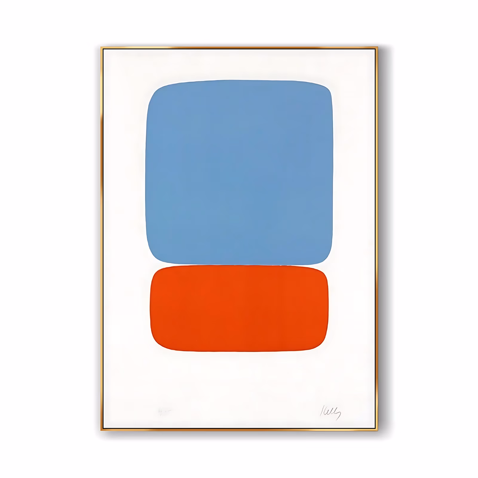 a large vertical minimalist painting of a soft sky blue rounded square resting directly above a wide orange-red lozenge on a plain white ground, in flat matte hand-painted color