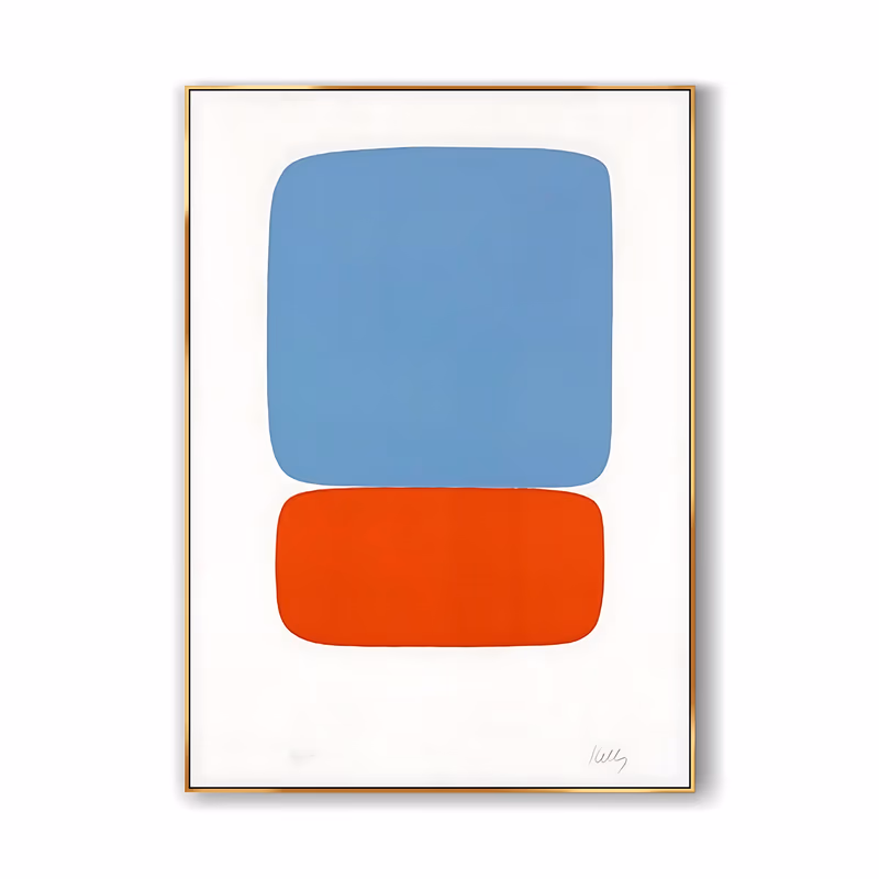 a large vertical minimalist painting of a soft sky blue rounded square resting directly above a wide orange-red lozenge on a plain white ground, in flat matte hand-painted color