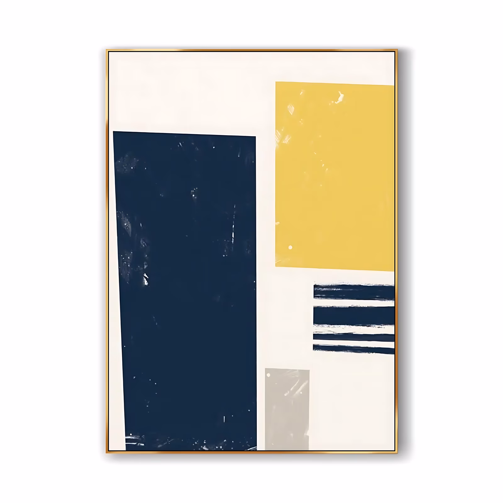 a large vertical geometric painting on a cream ground with a tilted deep navy block on the left, a mustard yellow square top right, three navy striped bars below it and a small gray rectangle, in flat acrylic