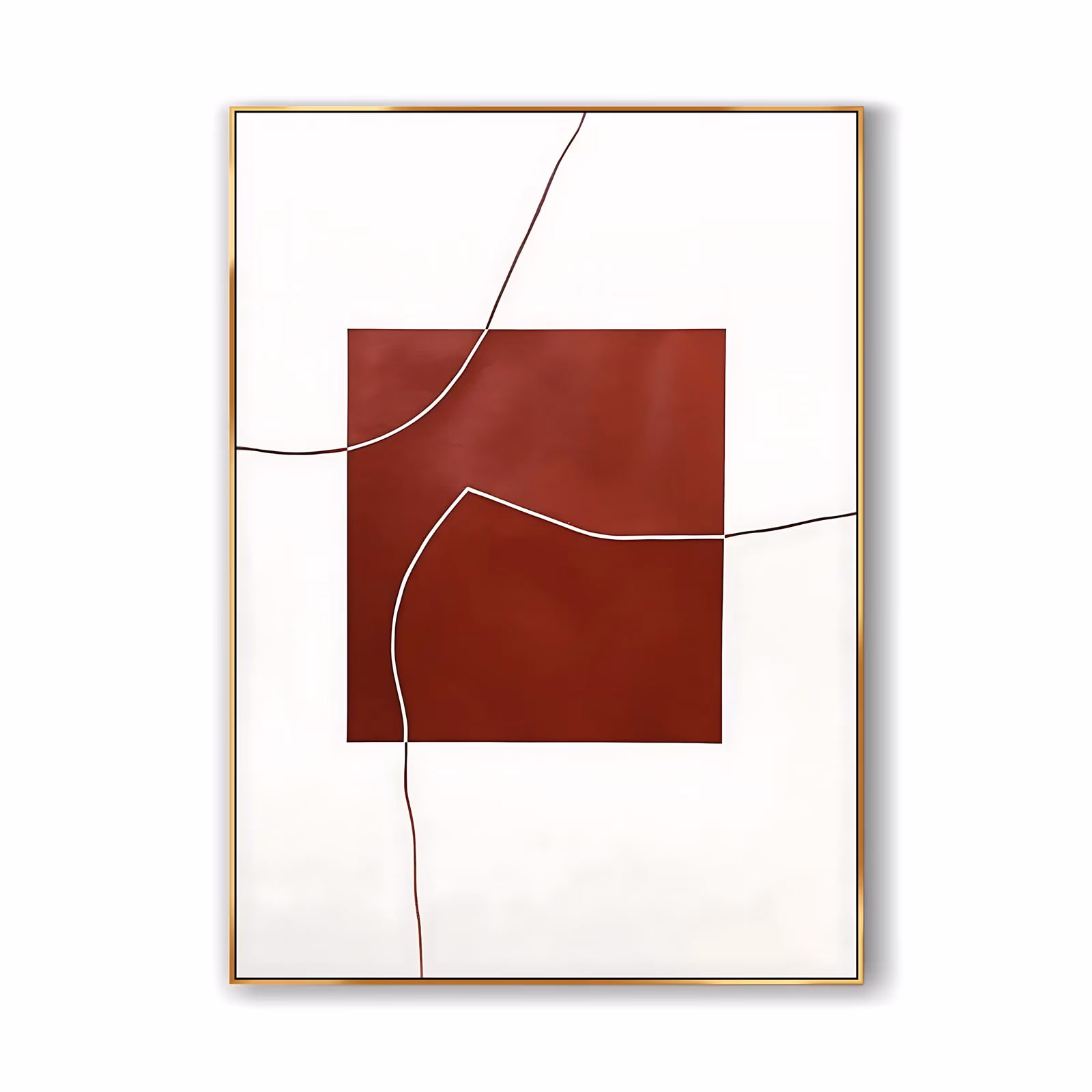 a large vertical minimalist painting of a deep brick-red square at the center of a white canvas, crossed by thin wandering red lines above and below and one pale line curving through the block