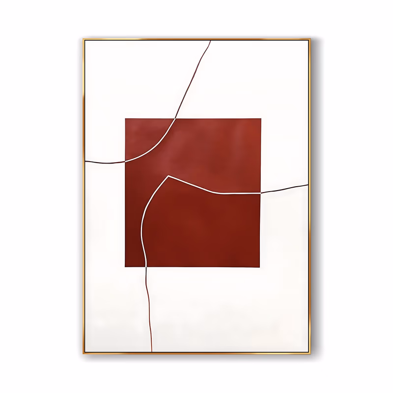 a large vertical minimalist painting of a deep brick-red square at the center of a white canvas, crossed by thin wandering red lines above and below and one pale line curving through the block
