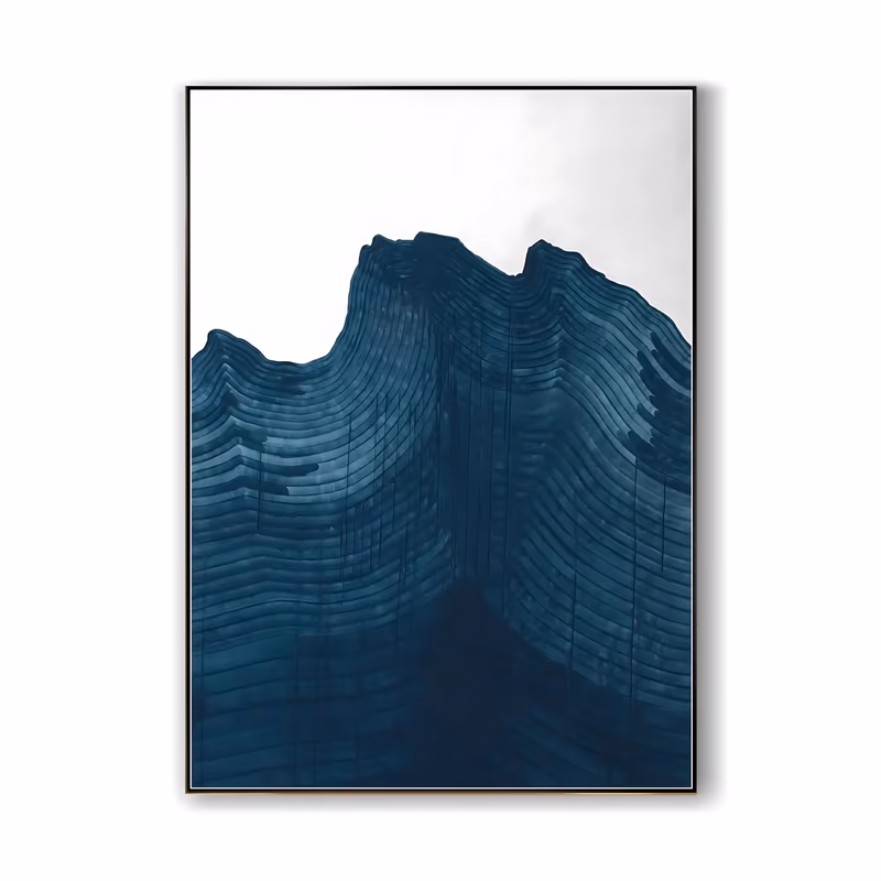 a large vertical minimalist painting of one dark teal-navy peak built from fine horizontal ridge lines, rising from the lower edge into an empty pale gray sky, in thin layered acrylic