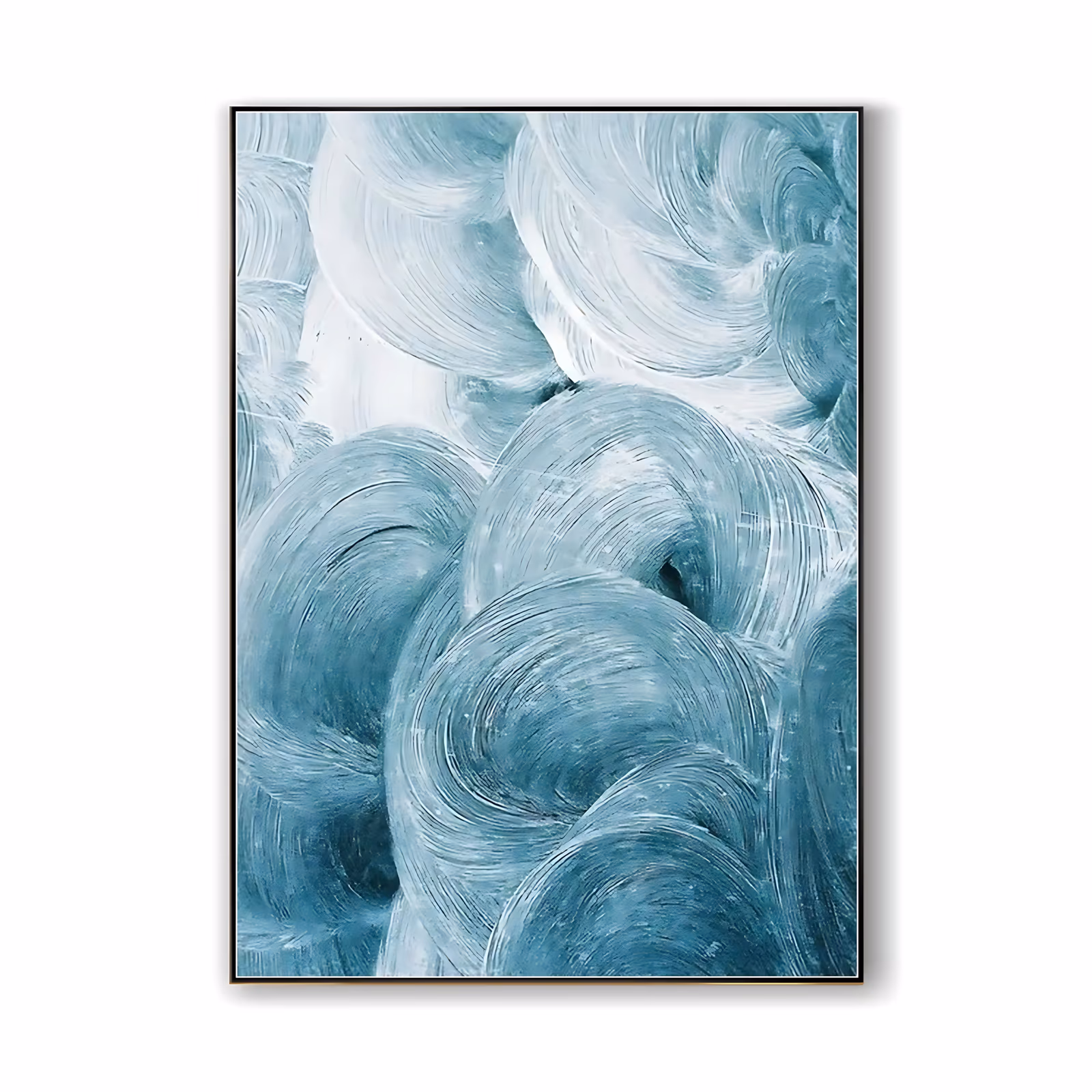 a large vertical abstract painting of overlapping circular brushstrokes in teal and white, sweeping from pale at the top to deeper blue-green at the base, in dry-brushed acrylic