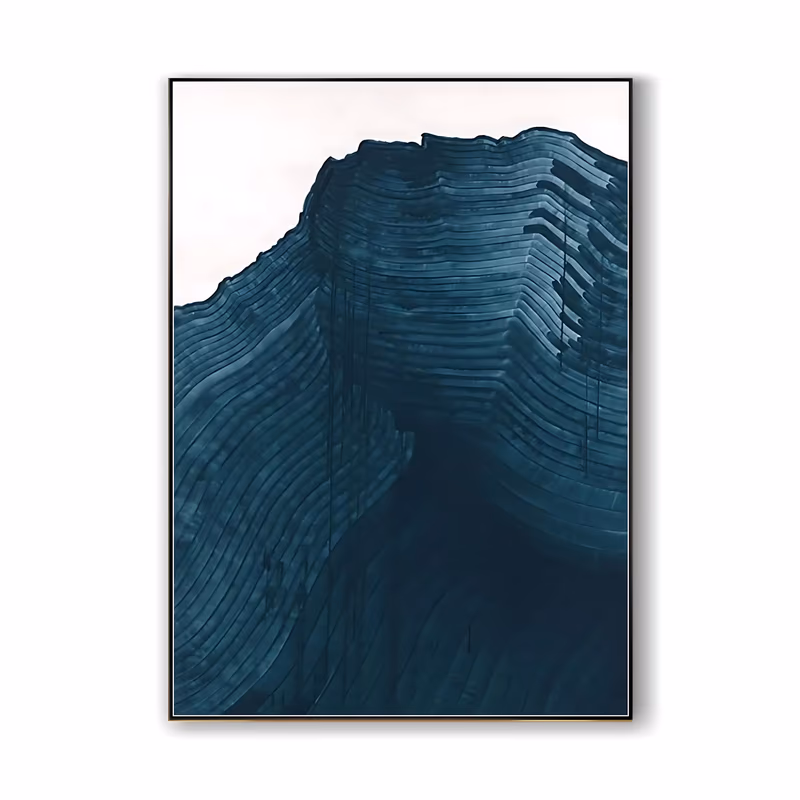 a tall vertical abstract painting of a dark teal ridged mass rising like a mountain from the lower frame, its surface layered in fine horizontal bands of paint, set against a flat blush-white sky