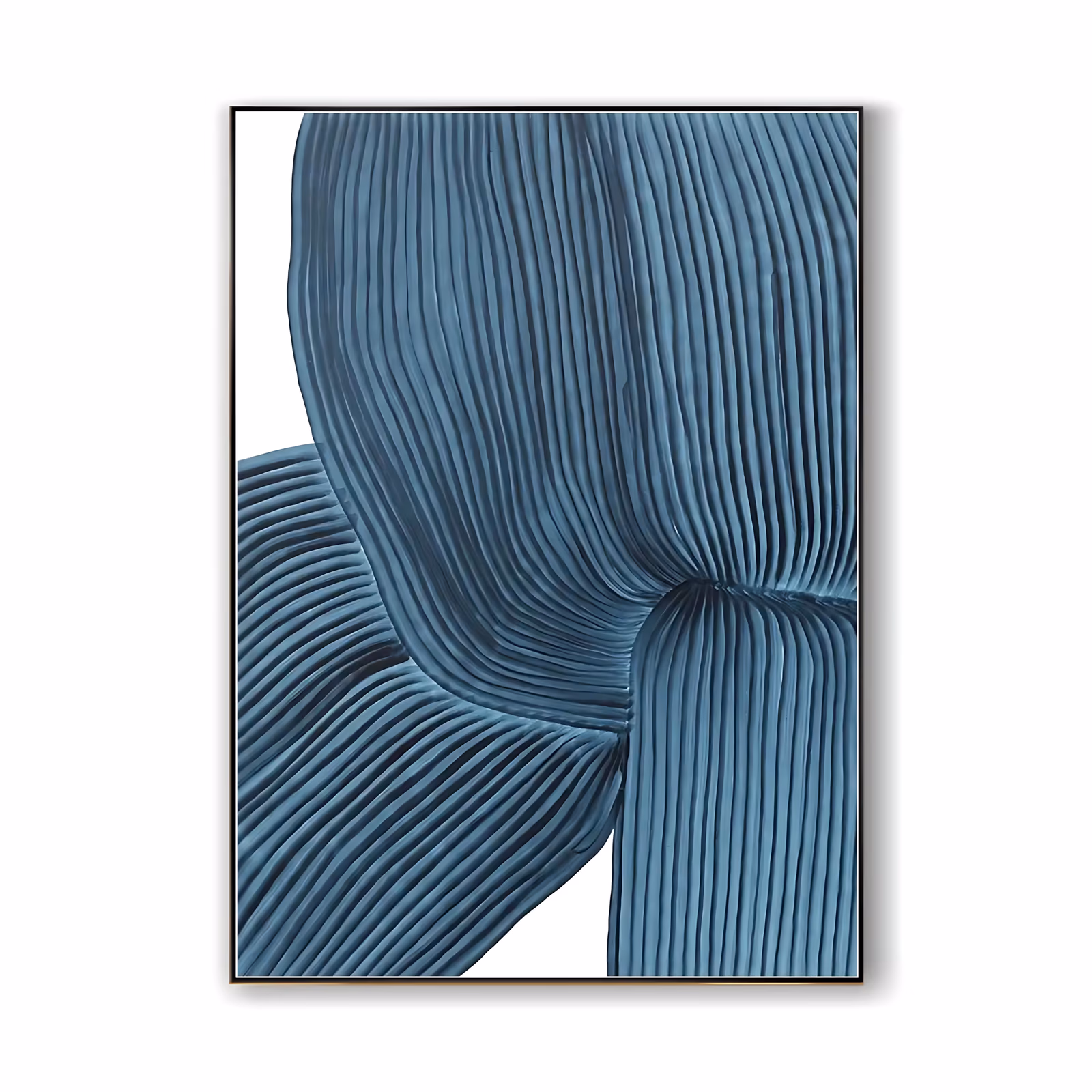 a large vertical abstract painting of two broad steel-blue bands looping over each other, their surfaces combed into fine parallel ridges, set against a plain white ground, in sculpted relief