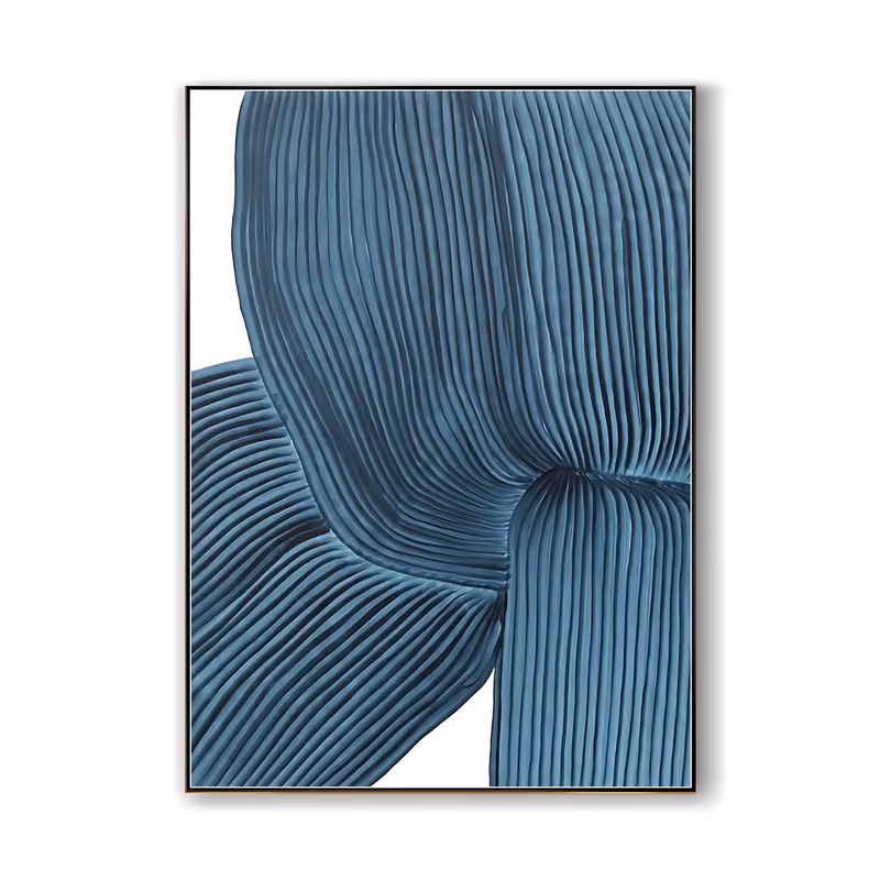 a large vertical abstract painting of two broad steel-blue bands looping over each other, their surfaces combed into fine parallel ridges, set against a plain white ground, in sculpted relief