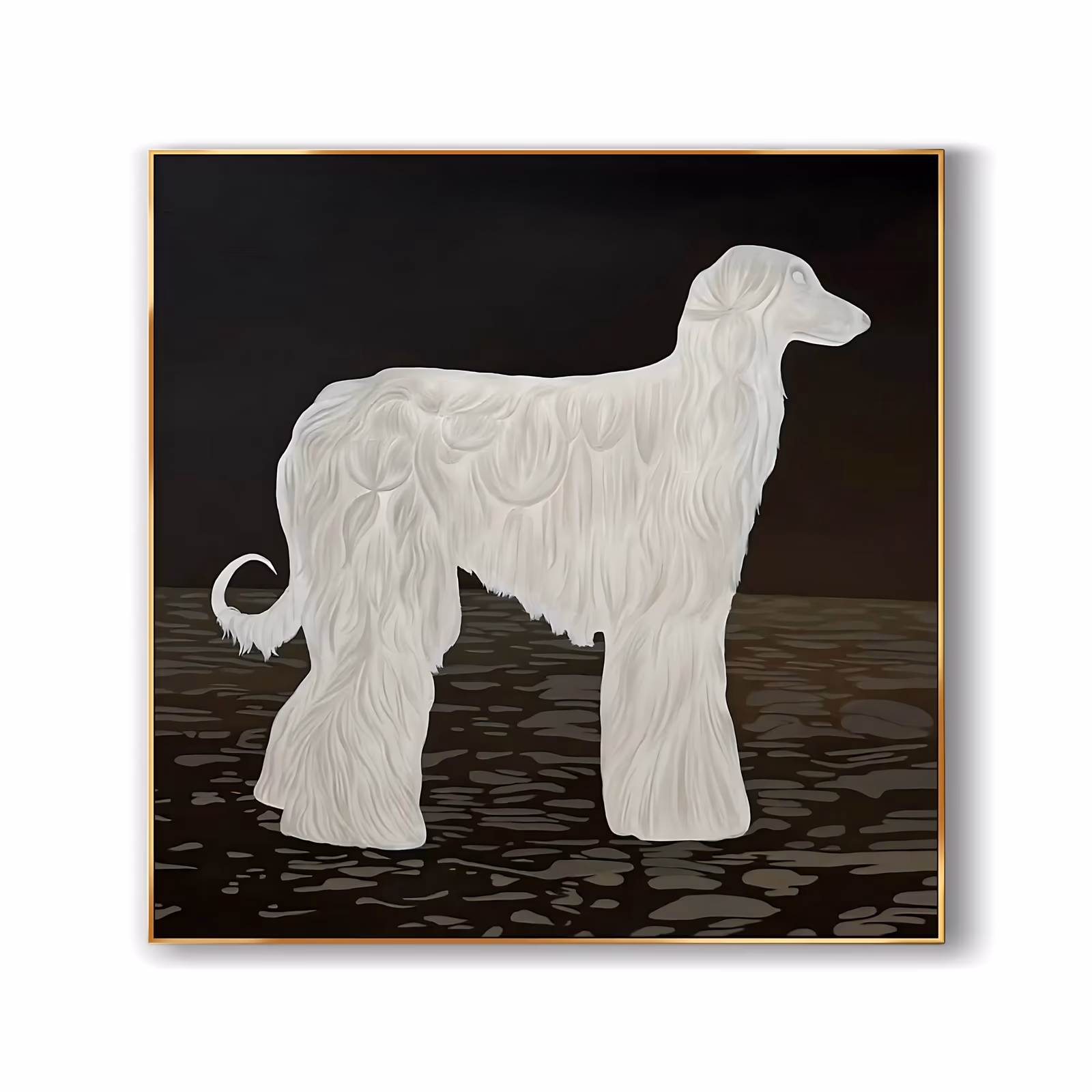 a square minimalist painting of a white Afghan hound standing in profile at the center of the frame, its long brushed coat lit against a black background and a dark floor dappled with taupe, in flat oil
