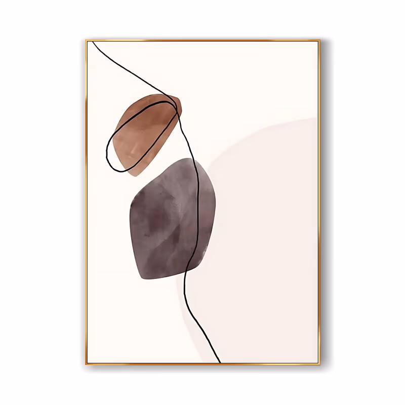 a large vertical minimalist painting of a terracotta pebble shape balanced on a larger mauve-brown stone, with one thin black line looping past them on a cream ground, in soft hand-painted washes