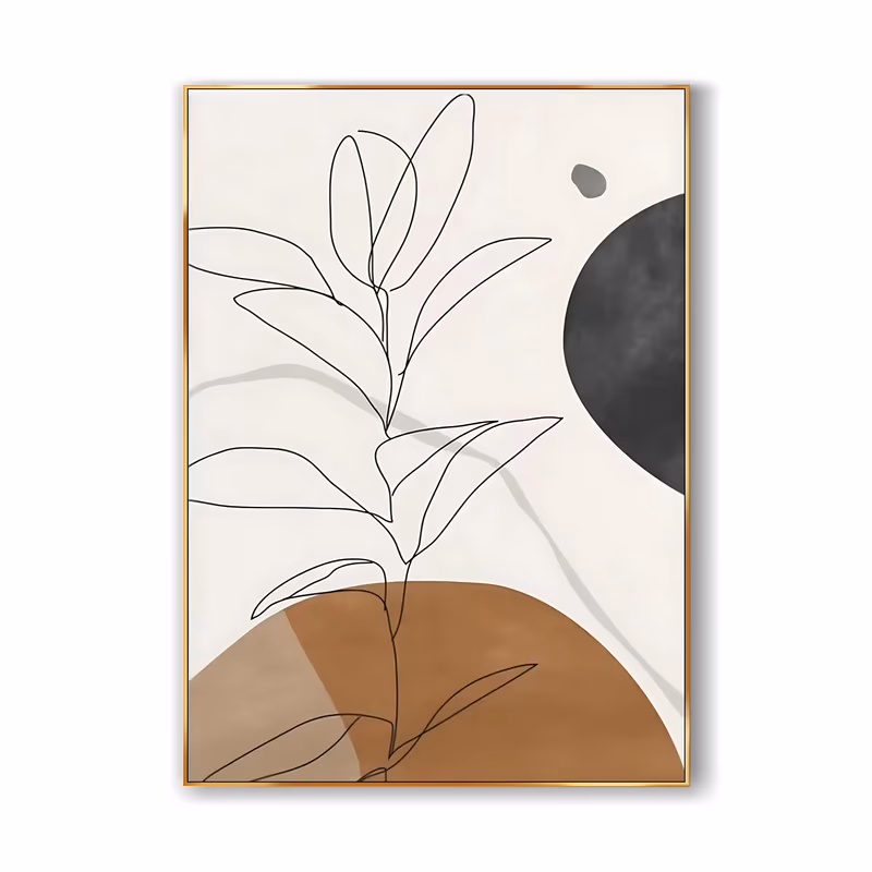 a large vertical minimalist painting of a leafy plant drawn in one continuous black line, rising from a burnt terracotta and tan hill at the base, with a charcoal circle in the upper right on a cream ground