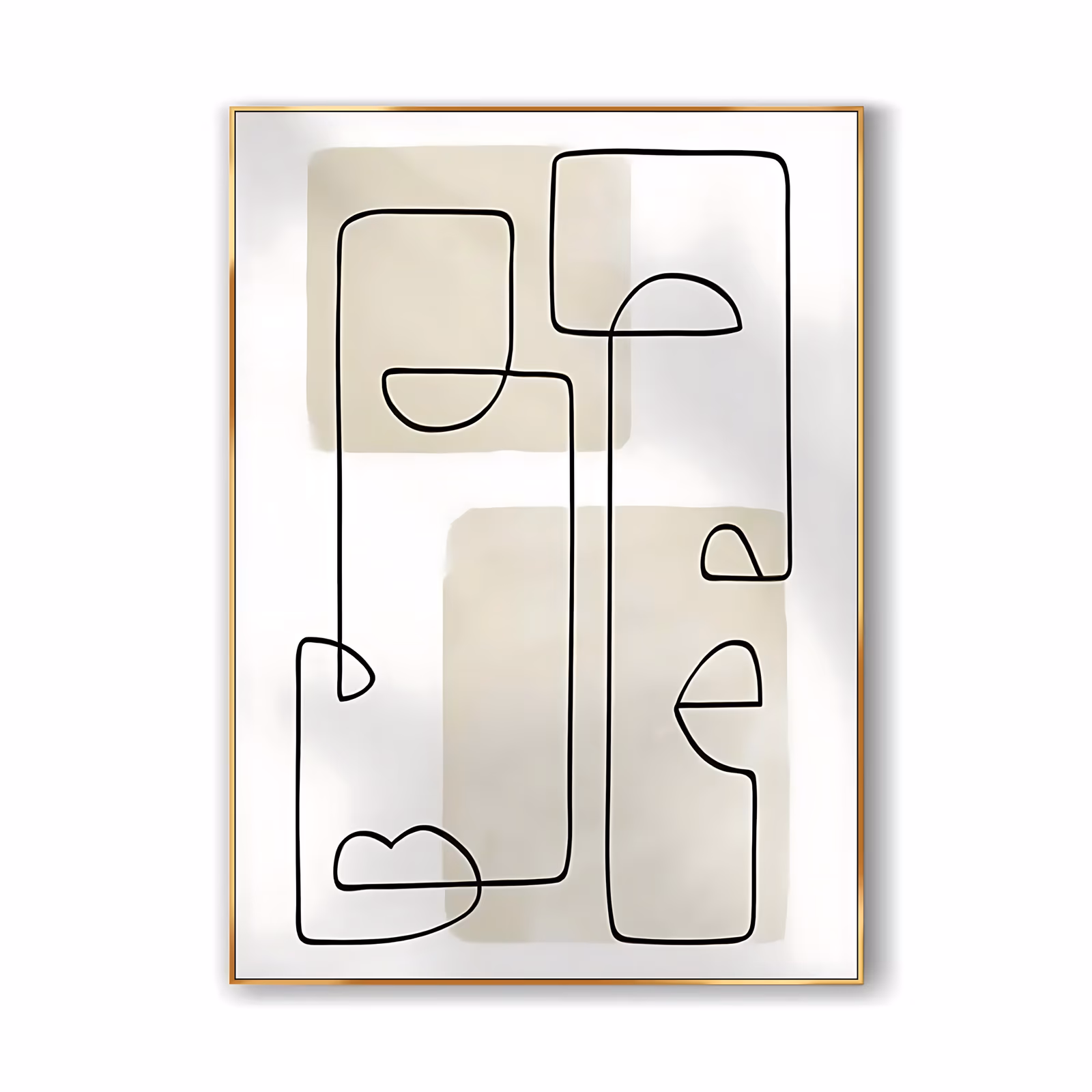 a large vertical minimalist painting of one continuous thin black line looping into rounded rectangles and half-circles over three soft beige blocks on an off-white ground, in flat hand-painted acrylic