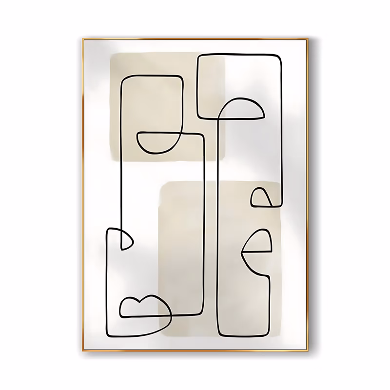 a large vertical minimalist painting of one continuous thin black line looping into rounded rectangles and half-circles over three soft beige blocks on an off-white ground, in flat hand-painted acrylic