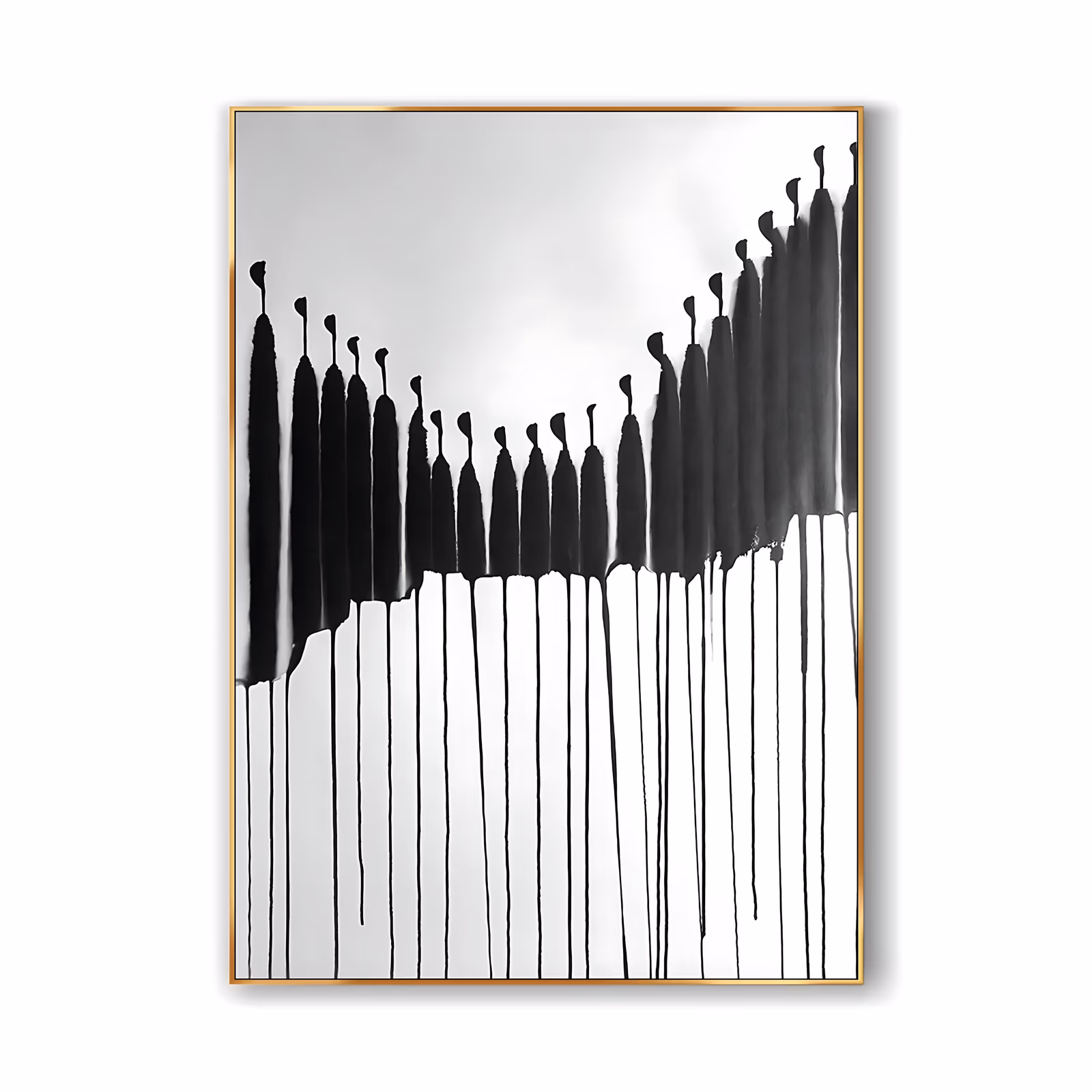 a large vertical minimalist painting of a row of vertical black ink bars with rounded tops forming a shallow wave line, each one running down into a long thin drip on a white ground, in flat brushed ink