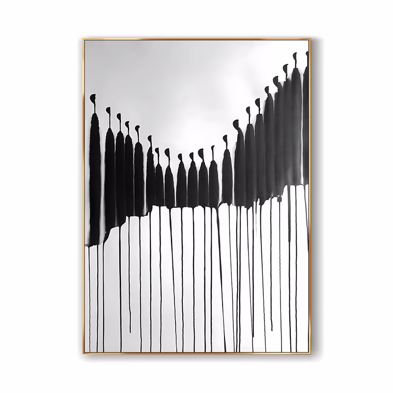 a large vertical minimalist painting of a row of vertical black ink bars with rounded tops forming a shallow wave line, each one running down into a long thin drip on a white ground, in flat brushed ink