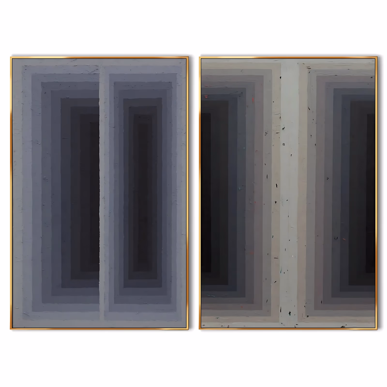 a set of two large vertical minimalist paintings of nested concentric rectangles stepping from pale gray to charcoal at the center, the ridged edges built in thick trowelled paint that catches raking light