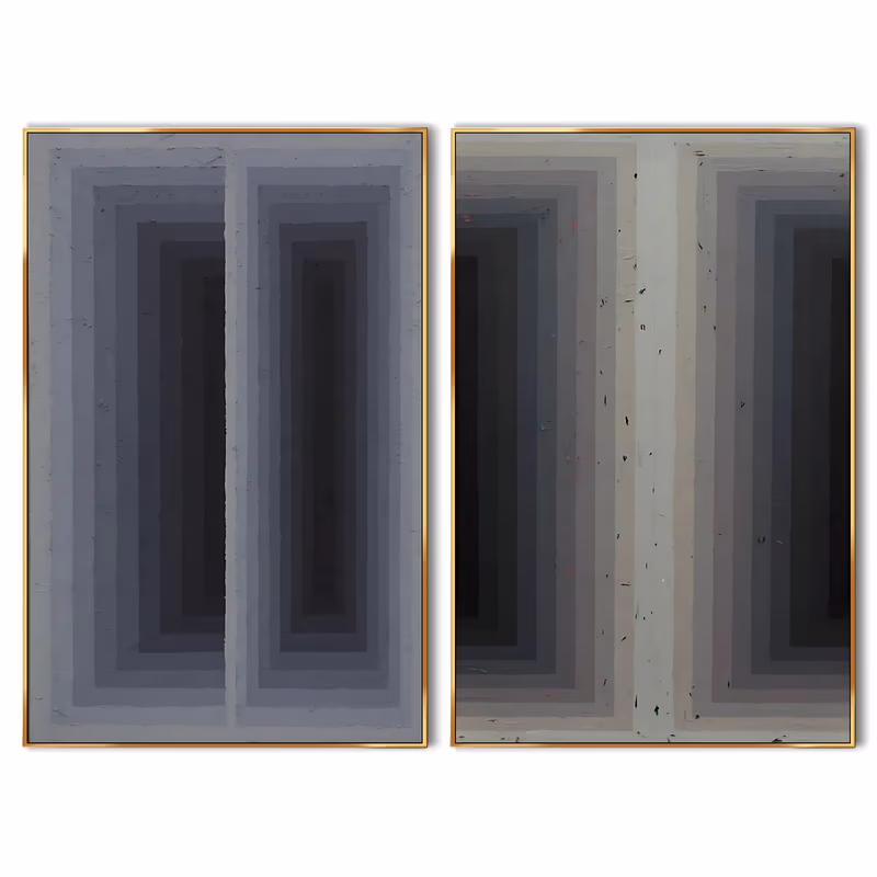a set of two large vertical minimalist paintings of nested concentric rectangles stepping from pale gray to charcoal at the center, the ridged edges built in thick trowelled paint that catches raking light