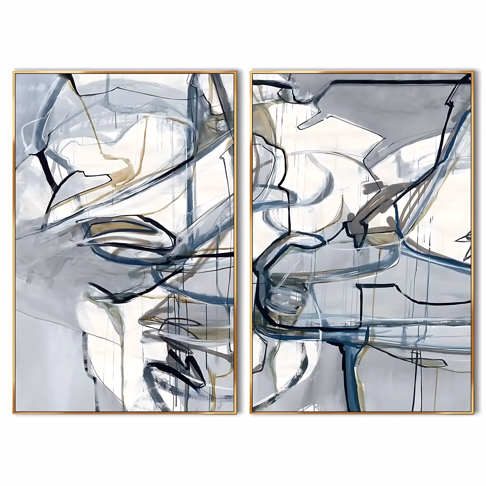 a set of two tall abstract paintings, each showing overlapping drawn lines in black, steel blue and ochre over pale gray and white grounds, with paint drips running down from the upper edges, in dry brushed acrylic