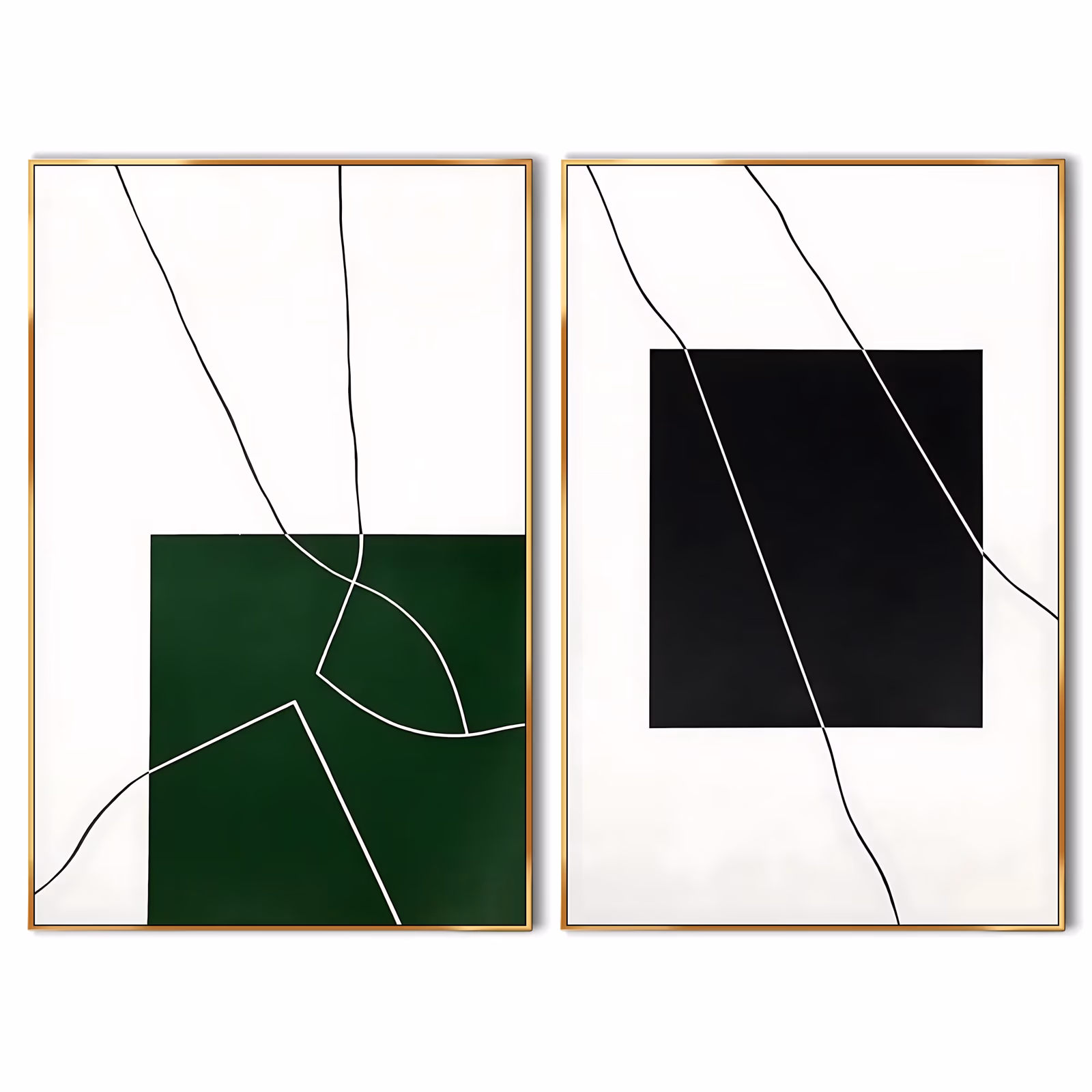 a set of two large vertical minimalist paintings, a deep forest green square on the left panel and a solid black square on the right, both crossed by thin hand-drawn black lines on white, in flat acrylic