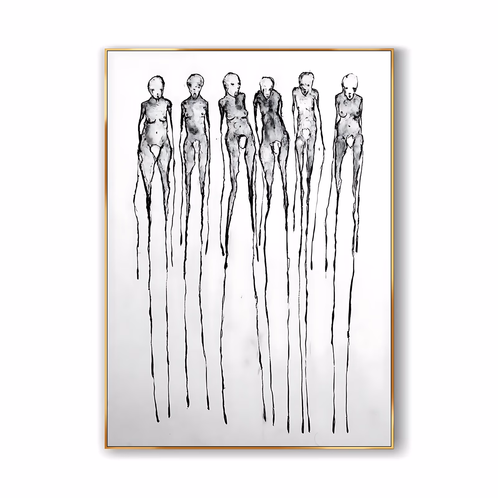 a large vertical minimalist painting of six thin ink figures standing shoulder to shoulder in a row near the top, their legs stretching down as long black drips over a bare white ground, in loose ink wash