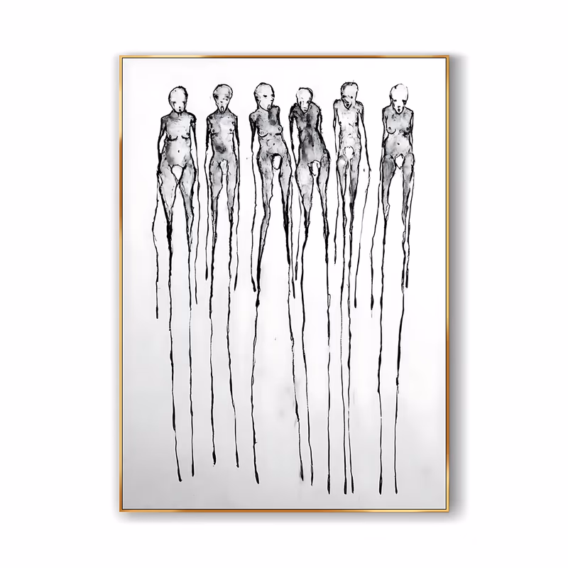 a large vertical minimalist painting of six thin ink figures standing shoulder to shoulder in a row near the top, their legs stretching down as long black drips over a bare white ground, in loose ink wash