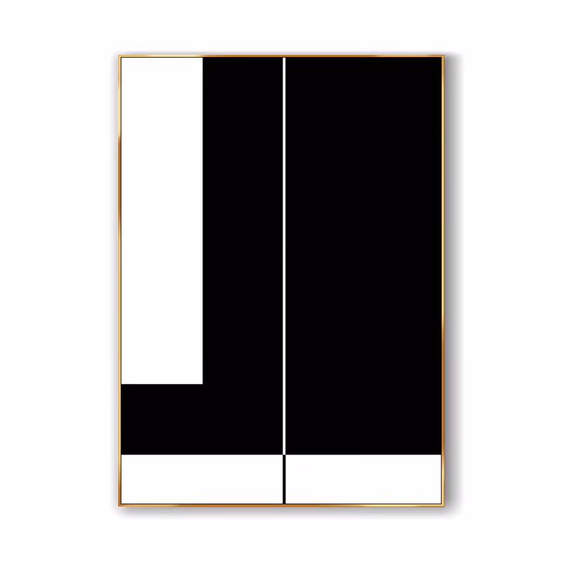 a large vertical minimalist painting of solid black fields broken by a white column at upper left, a thin white vertical seam down the center and a white band along the bottom edge, in flat hard-edged paint