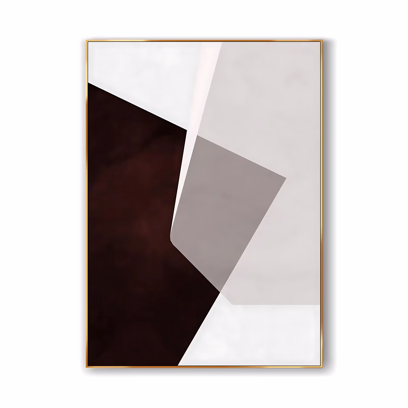a large vertical minimalist painting of flat angular planes, a deep oxblood maroon wedge on the left meeting warm gray and taupe shapes on the right with a thin cream stripe between them, in smooth matte acrylic