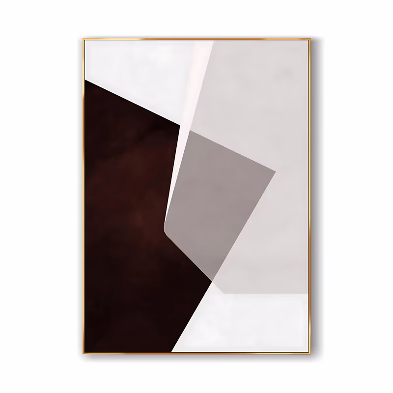 a large vertical minimalist painting of flat angular planes, a deep oxblood maroon wedge on the left meeting warm gray and taupe shapes on the right with a thin cream stripe between them, in smooth matte acrylic