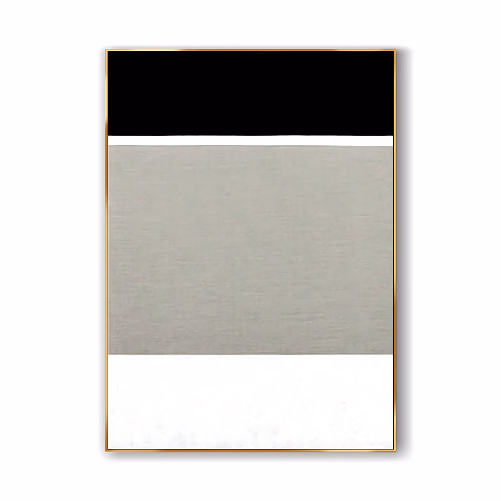 a large vertical minimalist painting of three stacked horizontal bands, solid black at the top, a wide warm gray field in the middle and off-white below, with a thin white gap between them, in flat matte paint
