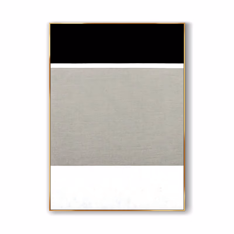 a large vertical minimalist painting of three stacked horizontal bands, solid black at the top, a wide warm gray field in the middle and off-white below, with a thin white gap between them, in flat matte paint