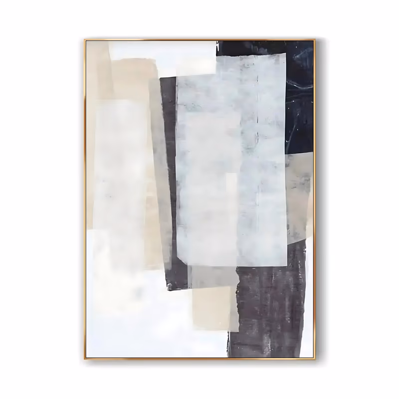 a large vertical abstract painting of translucent overlapping rectangles in beige, cream and pale blue gray, layered against a deep charcoal band on the right and a soft white ground, in thin washed acrylic