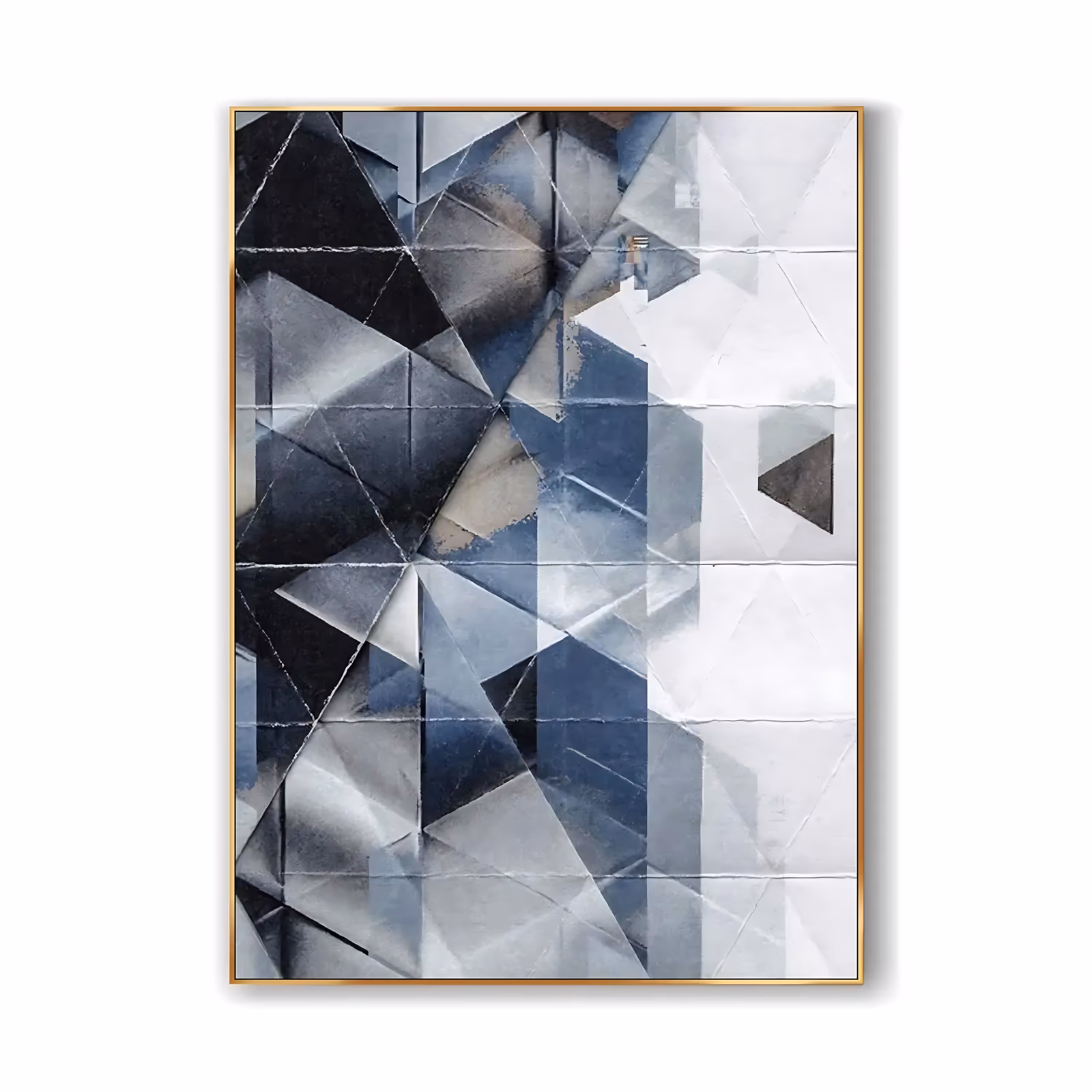 a large vertical geometric painting of faceted triangular planes folding down the canvas in navy, slate blue, charcoal and white, painted flat with soft chalky shading and fine creased lines
