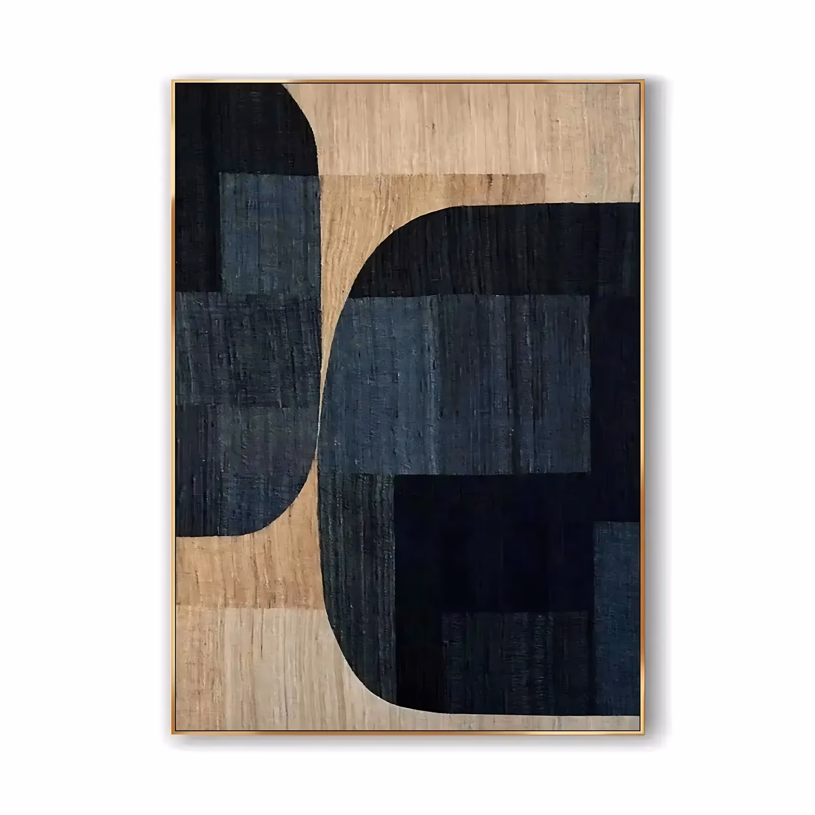 a large vertical minimalist abstract painting of rounded navy, charcoal and black blocks interlocking over a warm tan woodgrain background, in flat matte hand-painted acrylic
