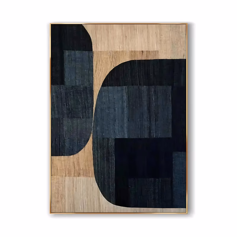 a large vertical minimalist abstract painting of rounded navy, charcoal and black blocks interlocking over a warm tan woodgrain background, in flat matte hand-painted acrylic