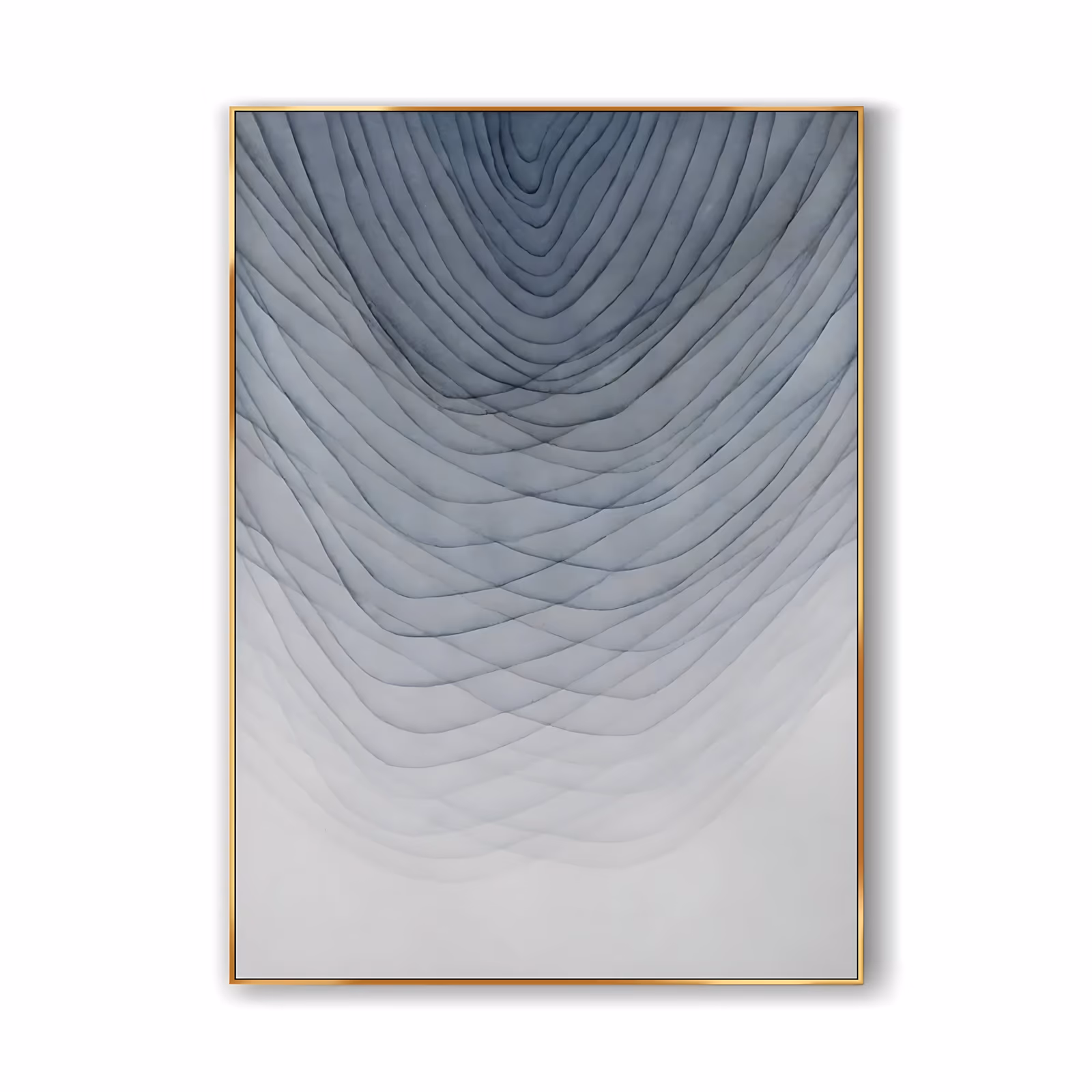 a large vertical minimalist canvas painting of concentric blue-gray wave lines that ripple outward from the top center and fade into soft white at the base, in fine hand-painted brushwork