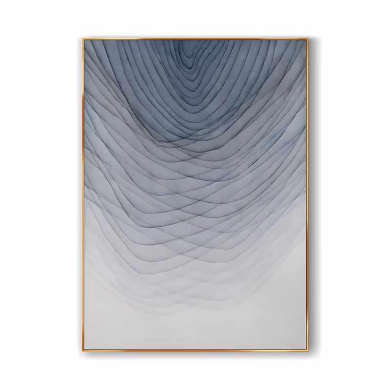 a large vertical minimalist canvas painting of concentric blue-gray wave lines that ripple outward from the top center and fade into soft white at the base, in fine hand-painted brushwork