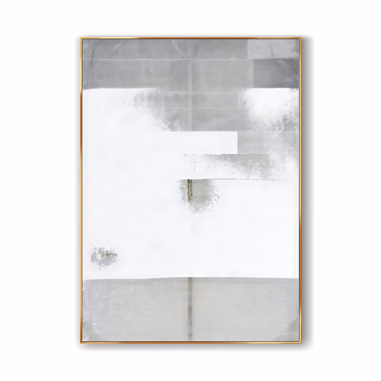 a large vertical minimalist painting of pale white and warm gray bands stepping down the canvas in broad rectangles, their edges softened into sprayed speckled fades, in thin washed layers of paint