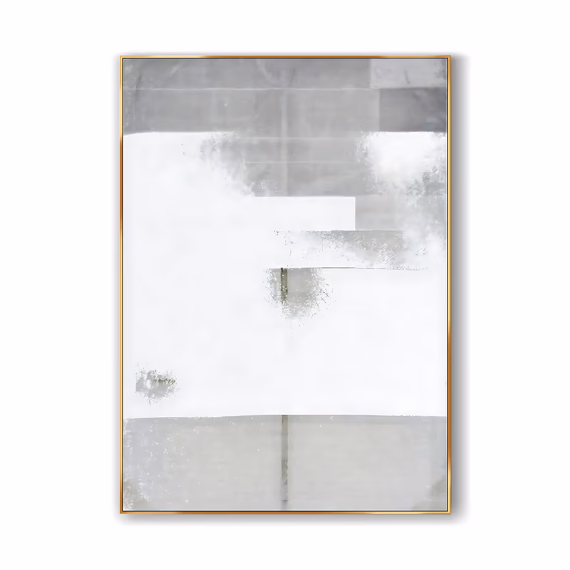 a large vertical minimalist painting of pale white and warm gray bands stepping down the canvas in broad rectangles, their edges softened into sprayed speckled fades, in thin washed layers of paint