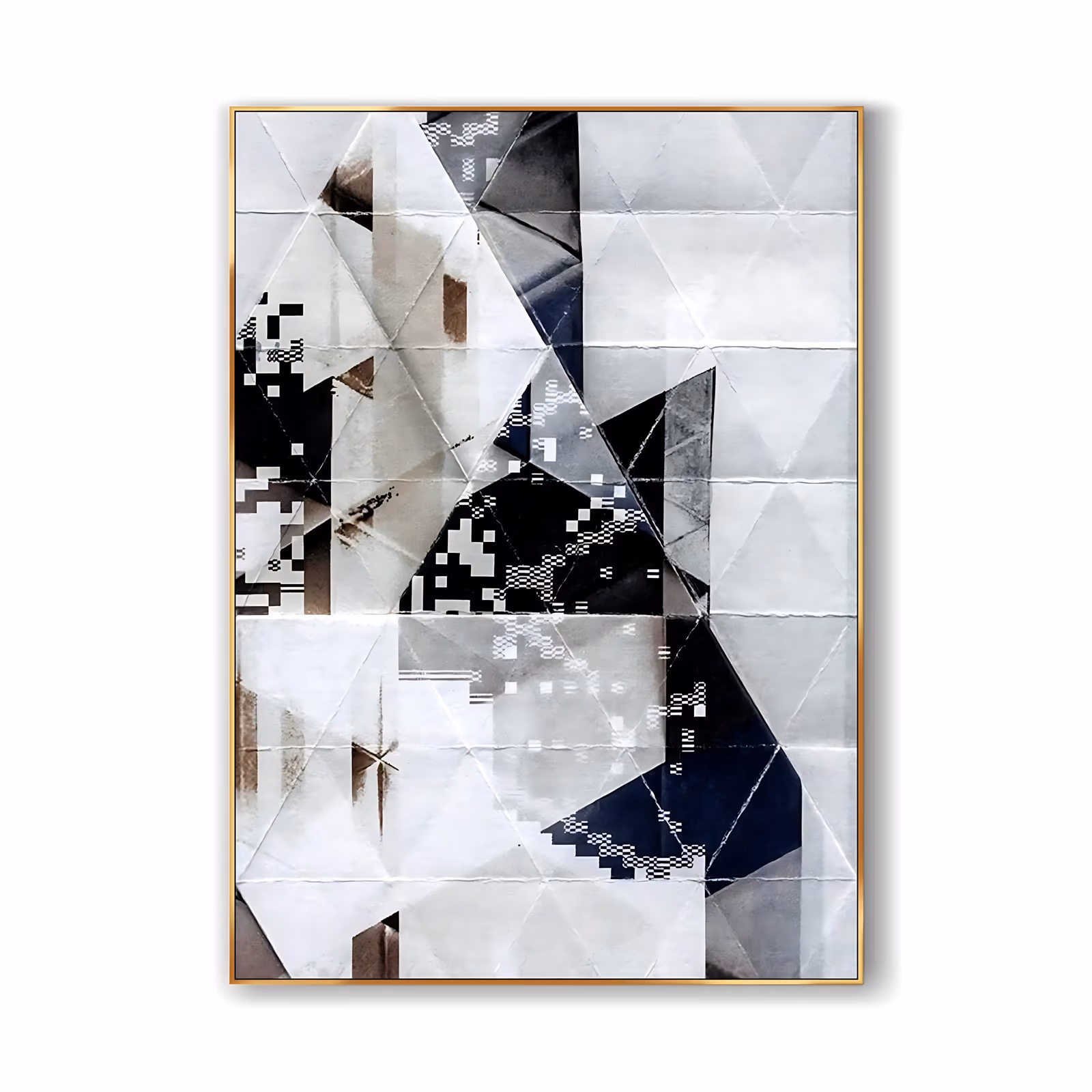 a large vertical abstract canvas of overlapping folded-paper triangles in white, gray and charcoal with rust brown patches and small pixel-like blocks scattered near the center, in flat matte acrylic