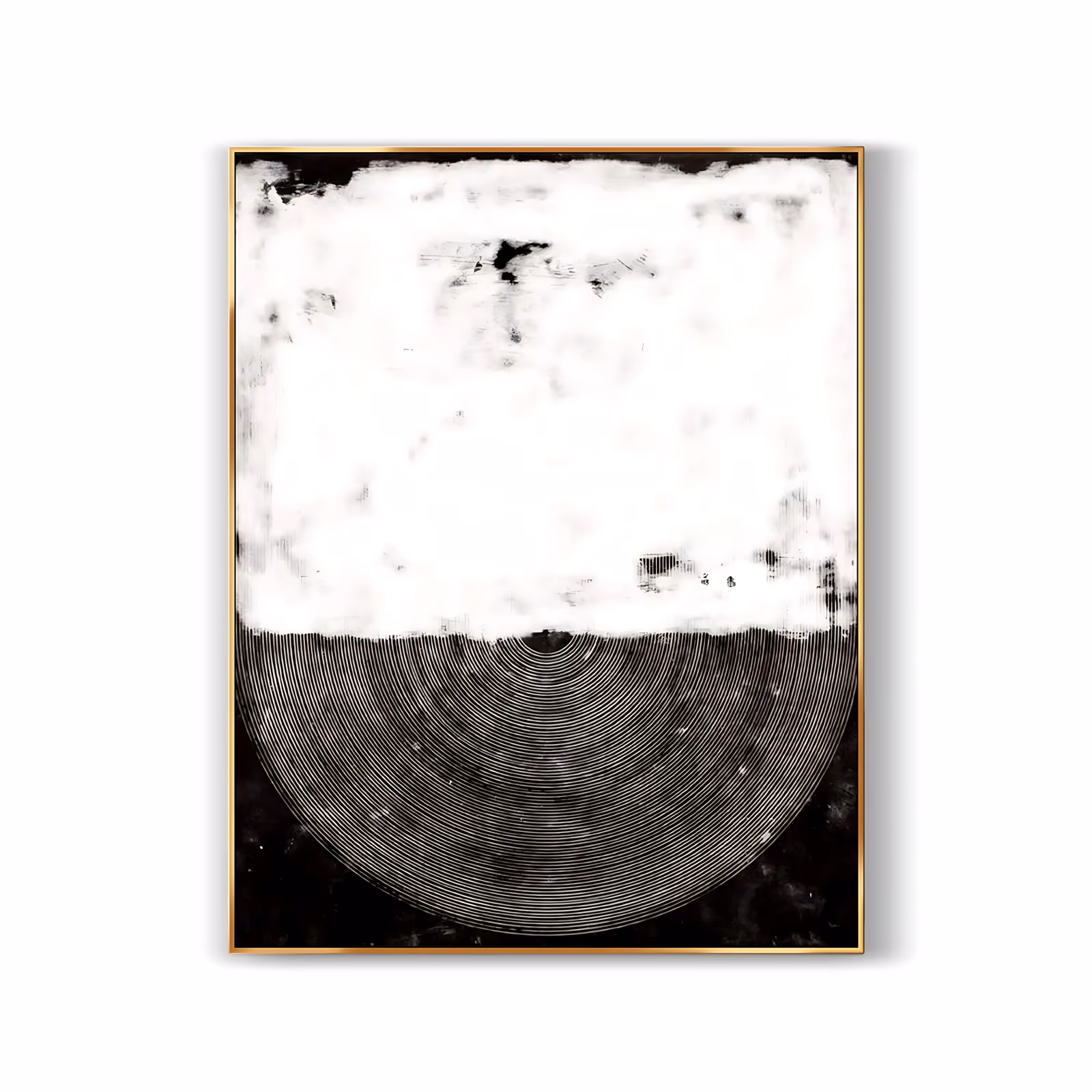 a large vertical minimalist painting of a chalky white block filling the upper half above a black lower field where fine white concentric lines fan out in a half circle from a low center point, in flat brushed paint