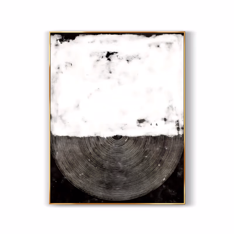 a large vertical minimalist painting of a chalky white block filling the upper half above a black lower field where fine white concentric lines fan out in a half circle from a low center point, in flat brushed paint