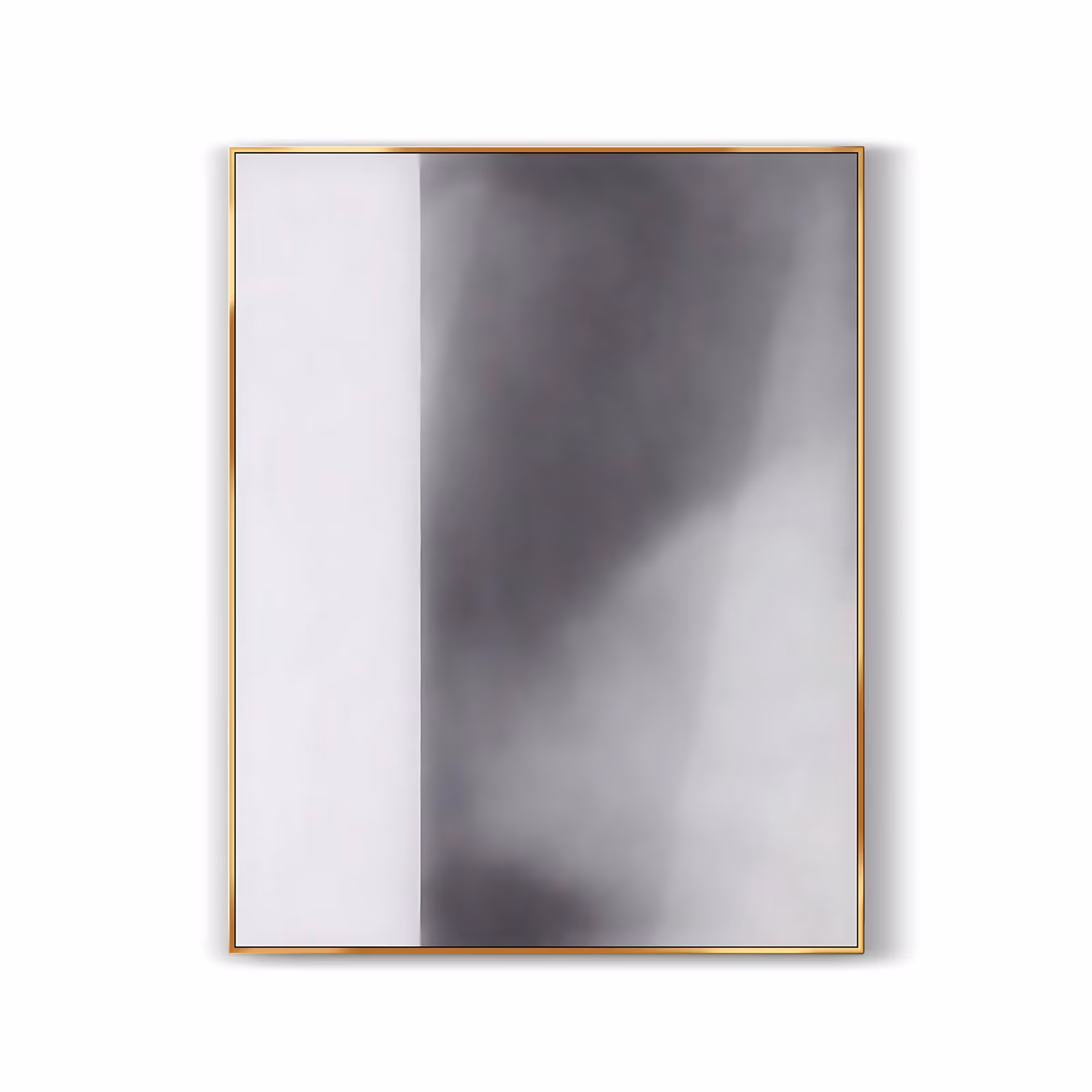 a large vertical minimalist painting with a pale white column down the left third and a smoky gray field filling the rest, the tones blurred into a soft diagonal gradient, in thinly blended oil