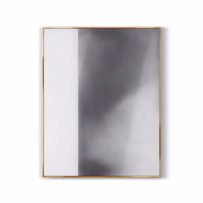 a large vertical minimalist painting with a pale white column down the left third and a smoky gray field filling the rest, the tones blurred into a soft diagonal gradient, in thinly blended oil