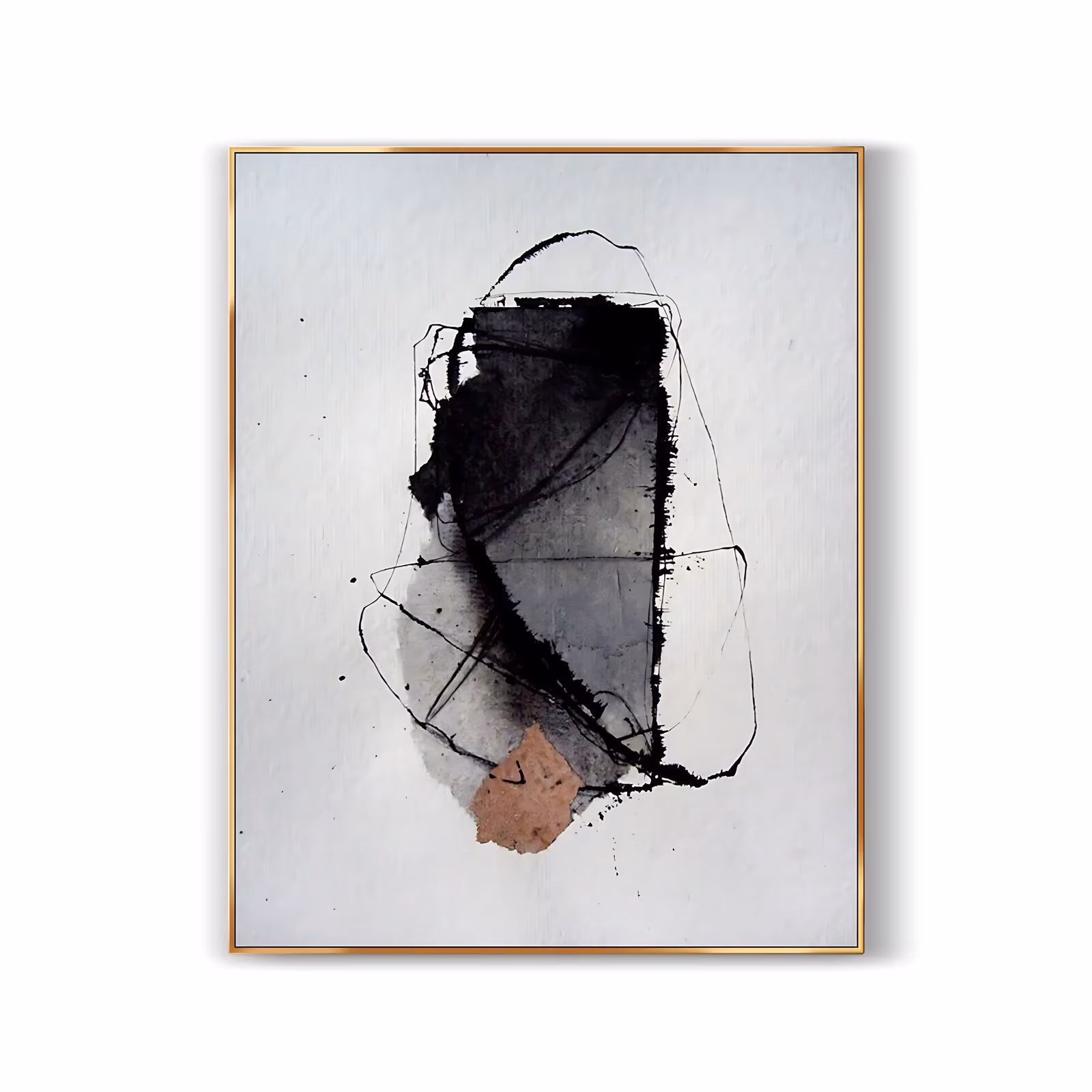 a large vertical minimalist painting of a single black and gray ink blot in the center of a white textured ground, wrapped in thin scribbled lines, with a small terracotta patch at its lower edge, in ink and acrylic