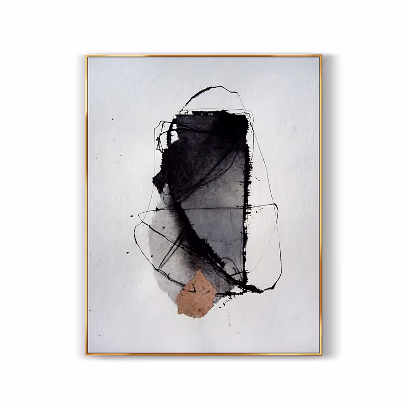a large vertical minimalist painting of a single black and gray ink blot in the center of a white textured ground, wrapped in thin scribbled lines, with a small terracotta patch at its lower edge, in ink and acrylic