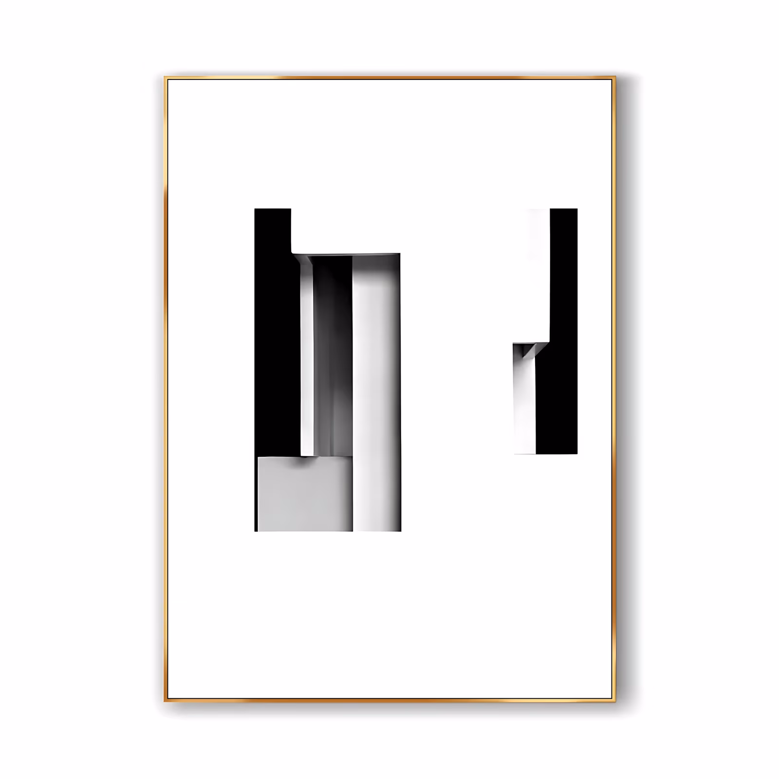 a large vertical minimalist painting of two small black, white and gray architectural block forms floating on a wide white ground, one taller at left and a slim one at right, in flat smooth paint