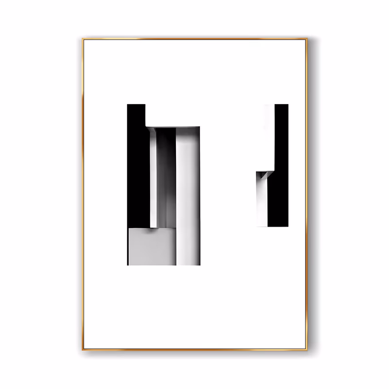 a large vertical minimalist painting of two small black, white and gray architectural block forms floating on a wide white ground, one taller at left and a slim one at right, in flat smooth paint